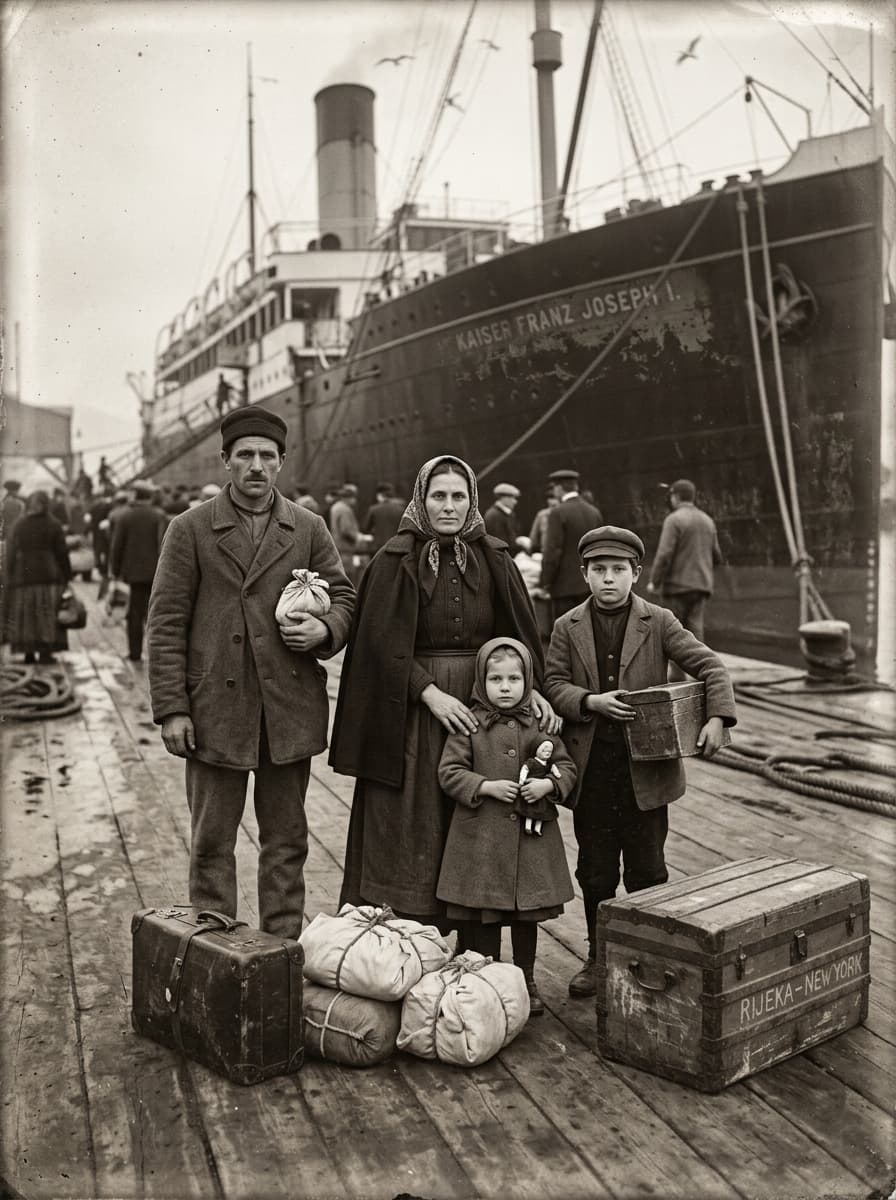 Archival-style black-and-white photograph of a Croatian emigrant family boarding a transatlantic ship in the early 1900s